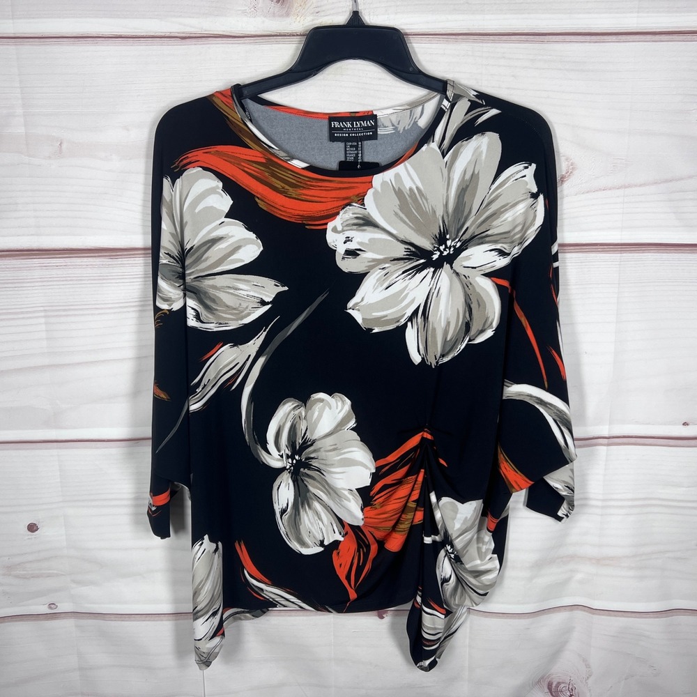 Frank Lyman Floral Blouse Womens Size 10 Black 3/4 Sleeve Side Cinch Boxy Jersey
